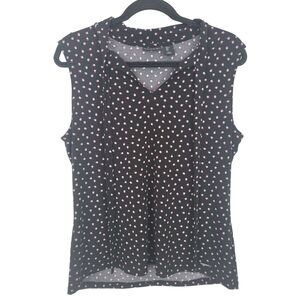 Tahari Tank Blouse Large Womens Black Purple polka Dot V Neck Sleeveless Top